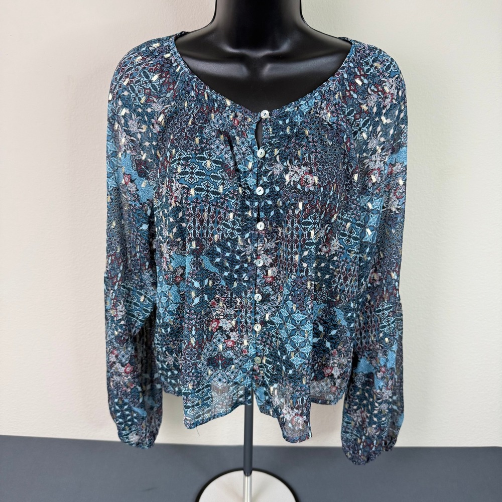 Haver London Blouse Womens Medium Blue Mosaic Print Gold Metallic Balloon Sleeve